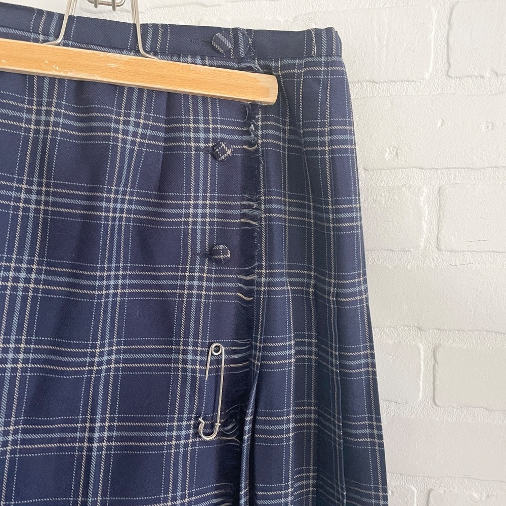 Vintage Wool Navy Plaid Midi Skirt - Picture 4 of 12